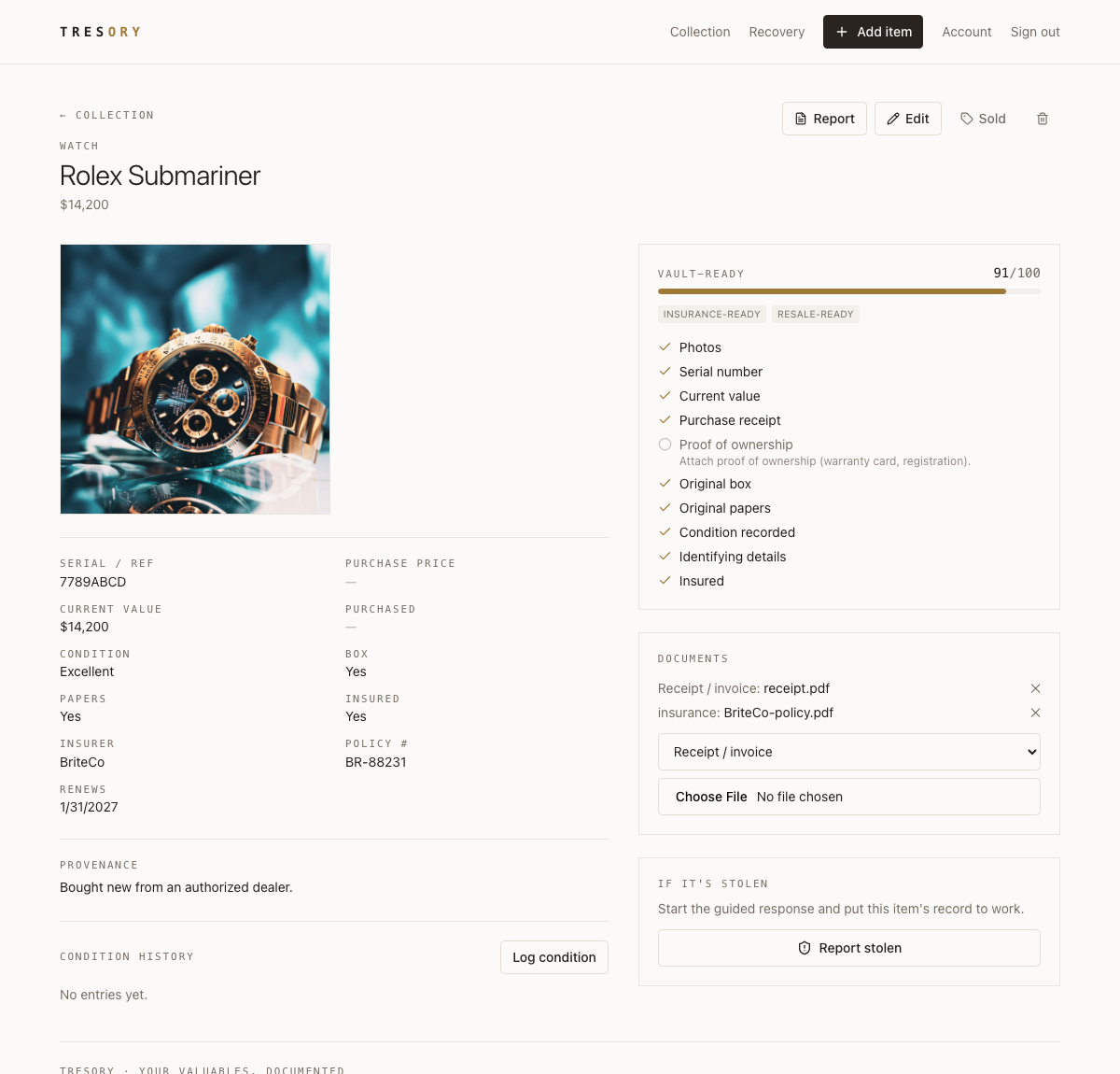 A Tresory item with its Protection Score, insurance status, and documents on file